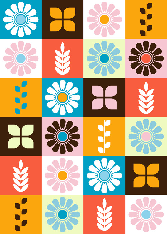 Poster Retro Floral Colorful Block Pattern