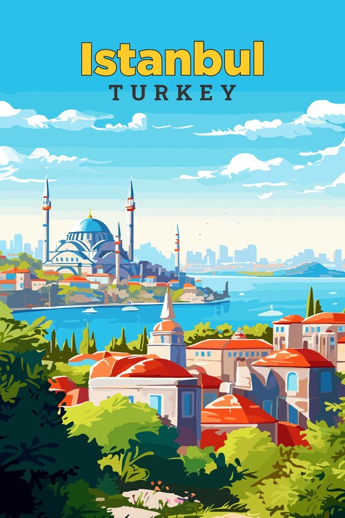 Plakát Istanbul Turkey Vintage Art Travel Illustration Poster
