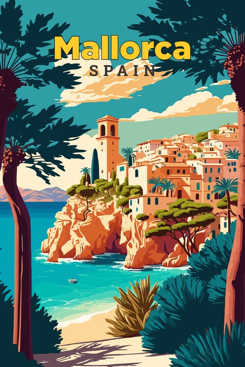 T-skjorte Mallorca Spain Vintage Art Travel Illustration Poster