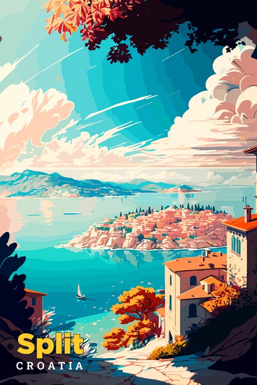 Plakát Split Croatia Vintage Art Travel Illustration Poster