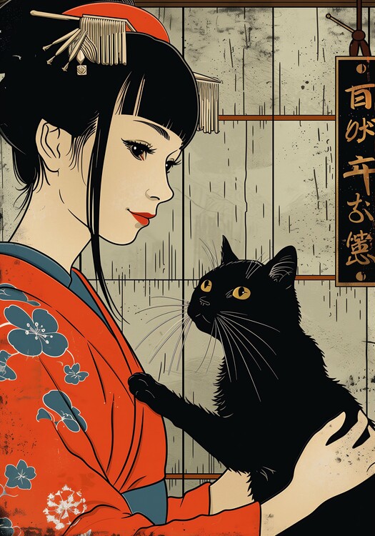 Póster Geisha and cat