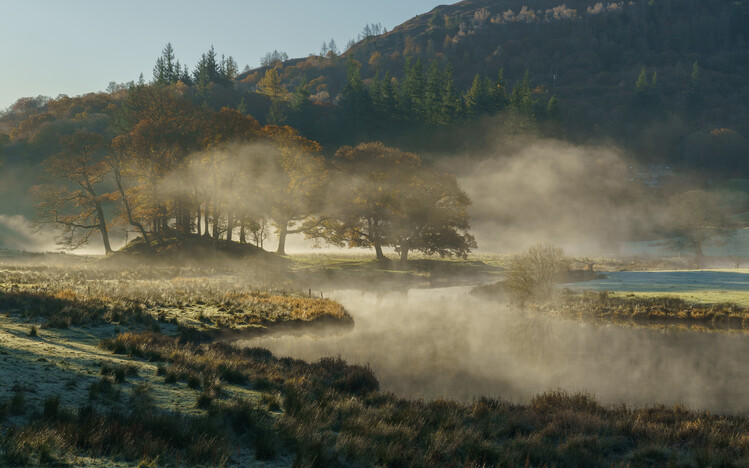 Poster Misty autumn sunrise over river Brathay, Elterwater
