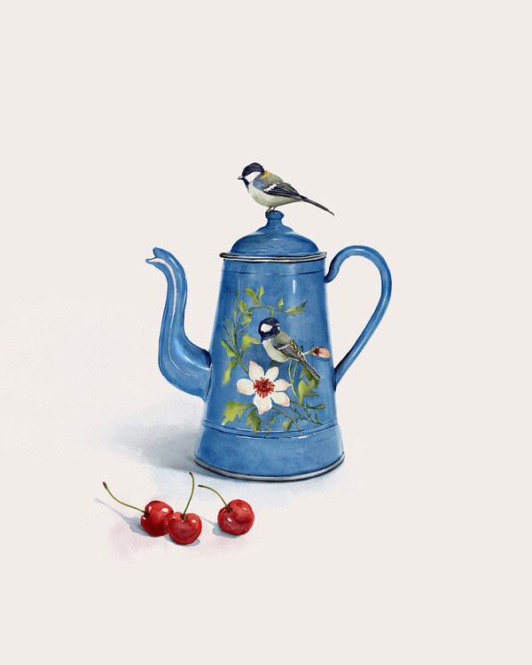 Plakát Blue Kettle With Birds