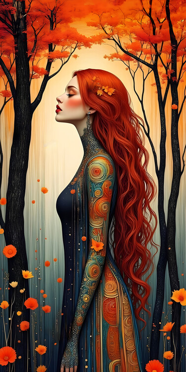 Poster woman with rusty hair in forest