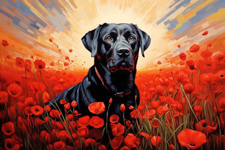 Poster Black Labrador retriever in poppies