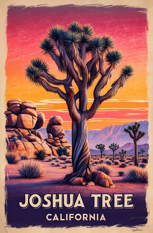 Juliste Vintage Inspired Illustration of Joshua Tree, California