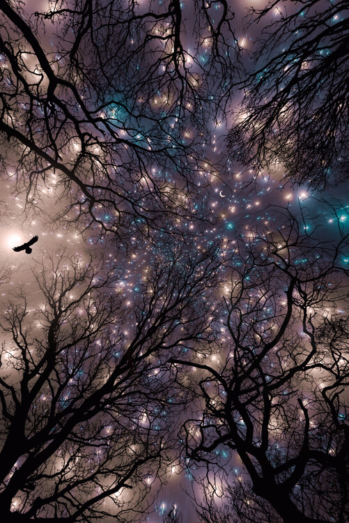 Poster Owl in the starry night branches tree