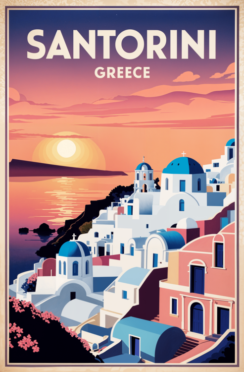 Плакат Vintage Santorini Illustration | Greek Island Art Print