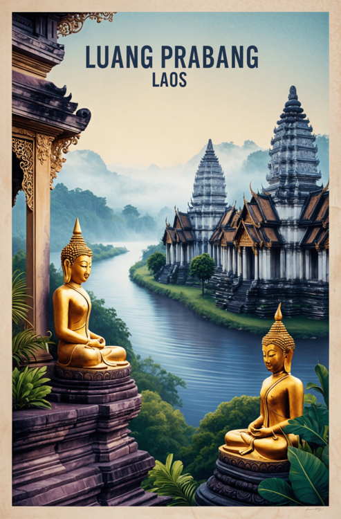 Плакат Vintage Luang Prabang Illustration | Tropical Zen Art
