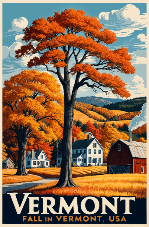 Плакат Vintage Vermont Fall Illustration | Autumn Landscape Art