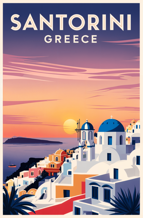 Плакат Vintage Santorini Sunset | Greek Island Illustration