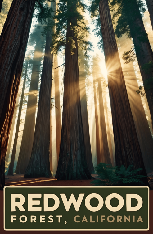 Плакат Vintage Redwood Forest Illustration | Iconic California Tree