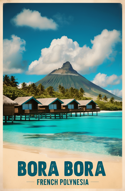 Poster Vintage Bora Bora Illustration | Tropical Island Paradise Ar