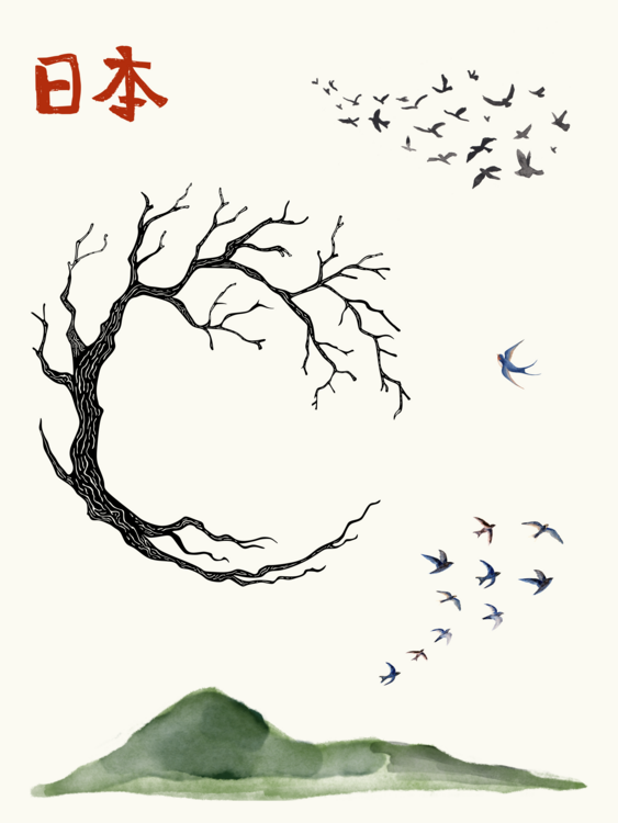 Плакат Mid Century Modern Japanese Art Painting Watercolor Birds