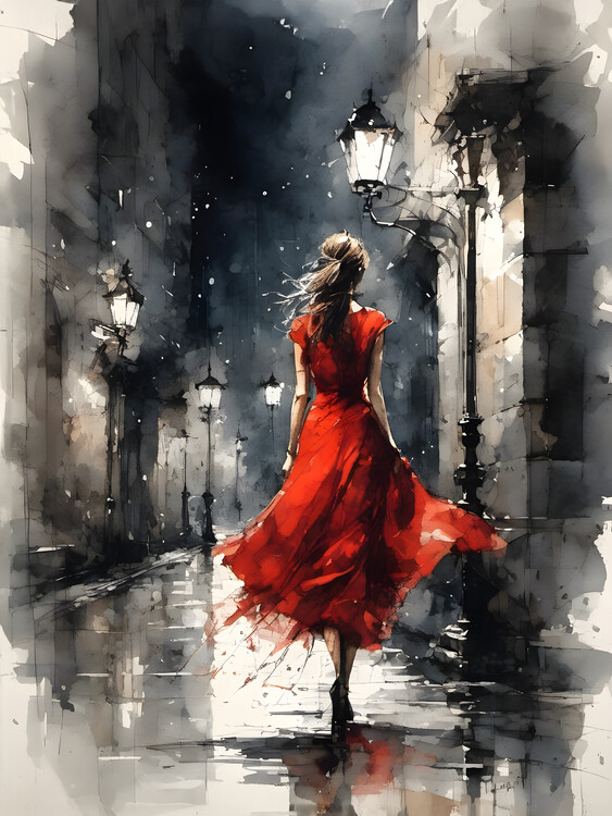 Poster woman in a red walking through the night streets of the town