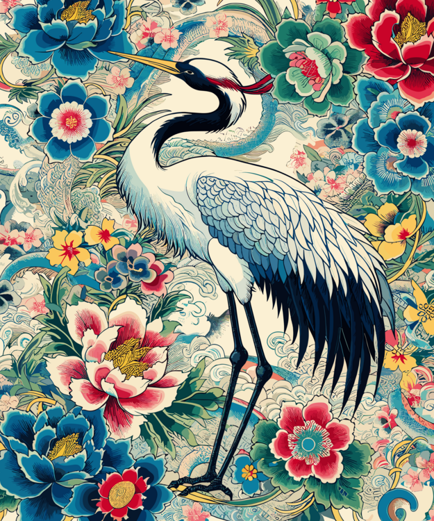 Poster Floral Traditional Japanese Crane