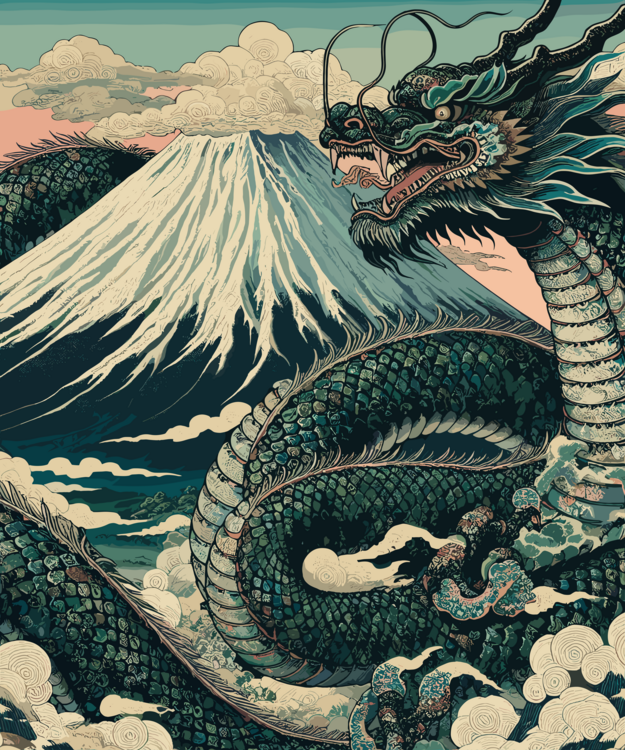 Poster Japanese Dragon and Mount Fuji