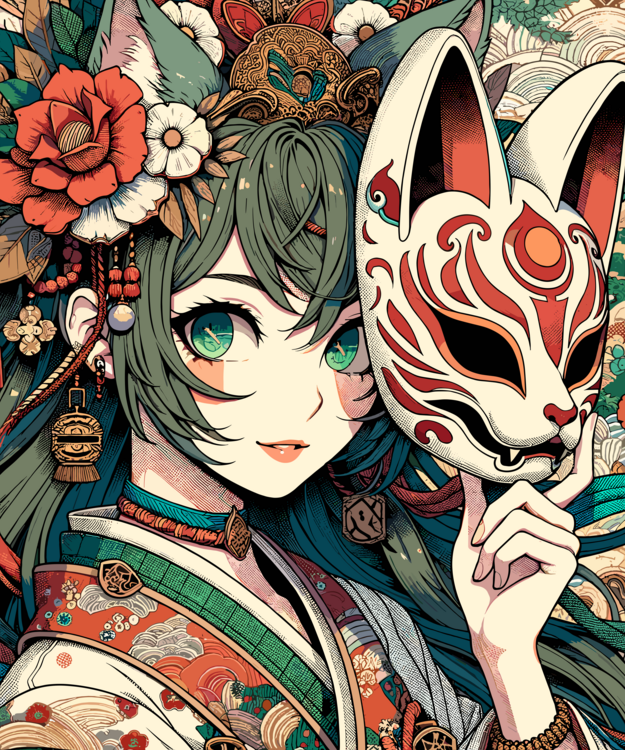 Плакат Anime Kitsune Mask Girl