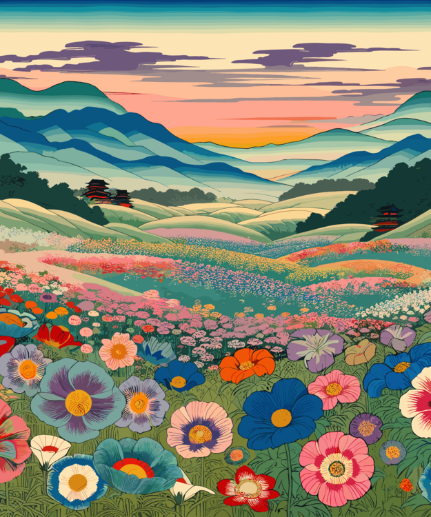 Плакат Vintage Japanese Anime Flower Landscape