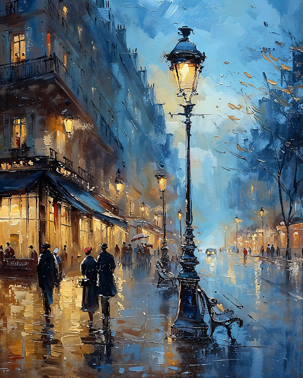 Poster Night after the rain, Paris street, impressionist painting