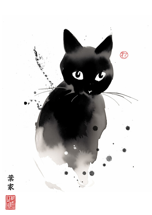 Poster Black Cat Art Work - Japanese Sumi-e Style