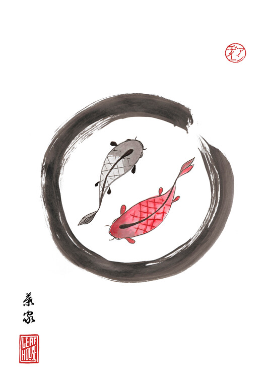 Poster Koi Fish in Enso Art - Japanese Sumi-e Style