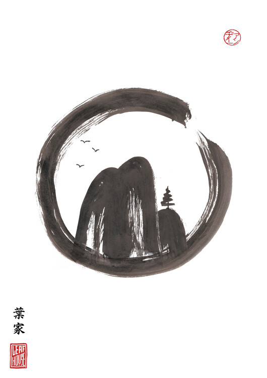 Poster Hills in an Enso - Japanese Sumi-e Style