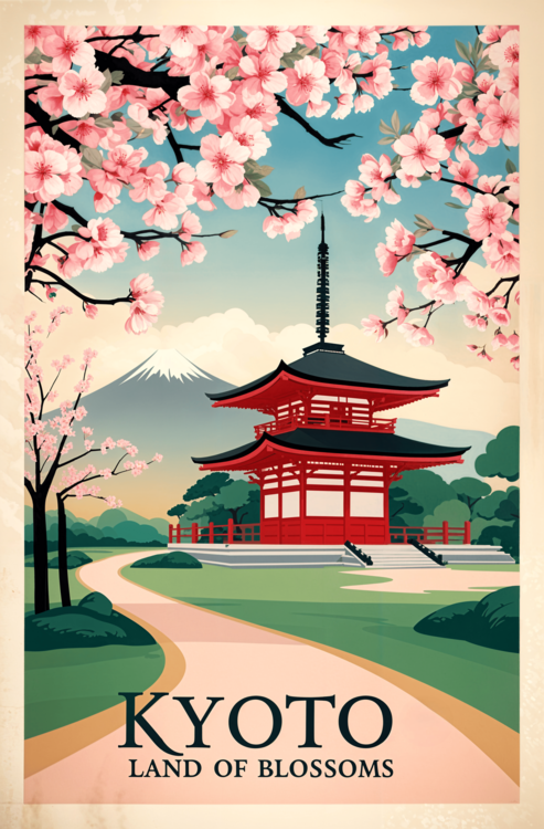 Poster Kyoto Vintage Poster – Japanese Cherry Blossom Travel Poster