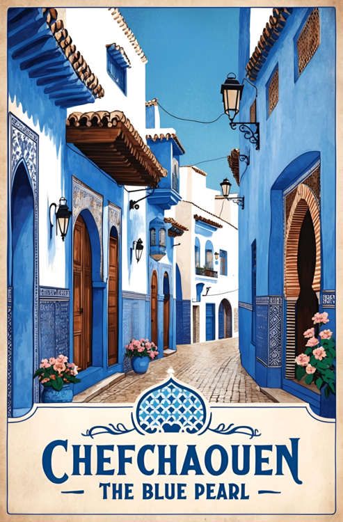 Juliste Chefchaouen Poster – Vintage Moroccan Blue Pearl Art Print