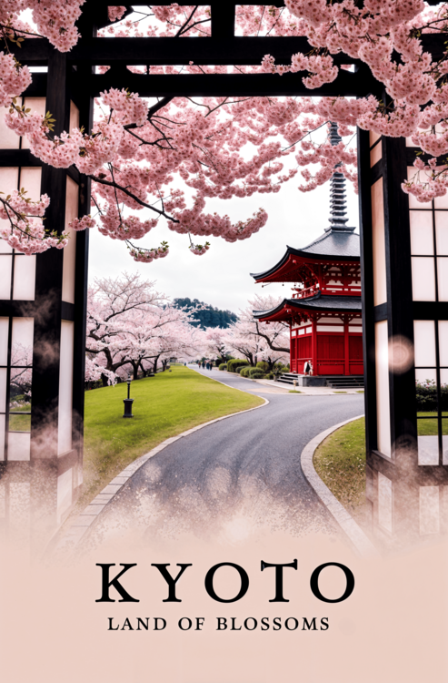 Poster Kyoto Travel Poster – Japanese Cherry Blossom Illustration