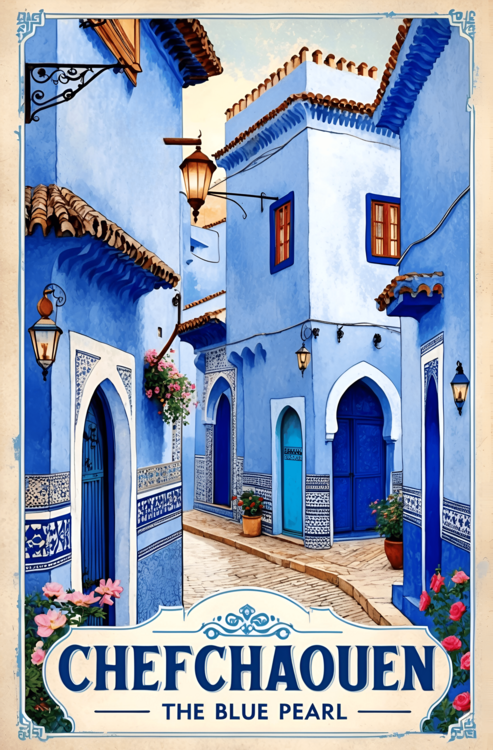Juliste Vintage Chefchaouen – Moroccan Blue Pearl Illustration