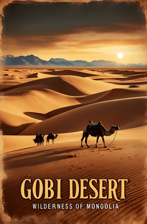 Juliste Gobi Desert Travel Poster – Mongolian Wilderness Illustratio