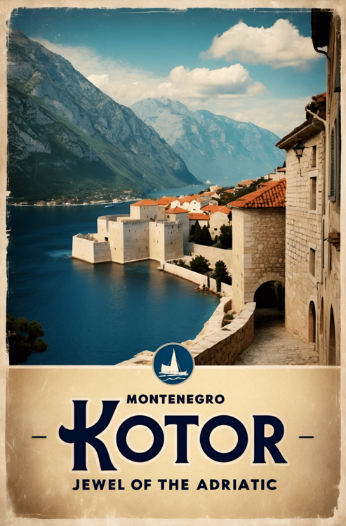 Juliste Kotor Vintage Poster – Adriatic Coastal Art Print