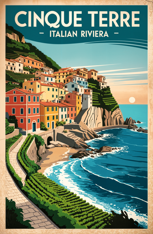 Juliste Cinque Terre Vintage Poster – Italian Riviera Art Print