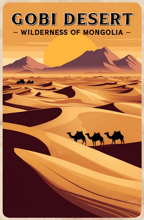 Juliste Gobi Desert Vintage Poster – Mongolian Wilderness Art Print