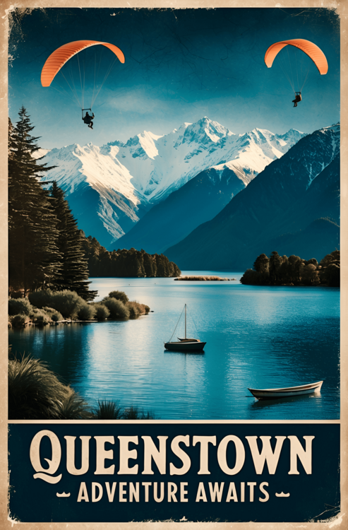 Juliste Queenstown New Zealand Poster – Vintage Adventure Art Print