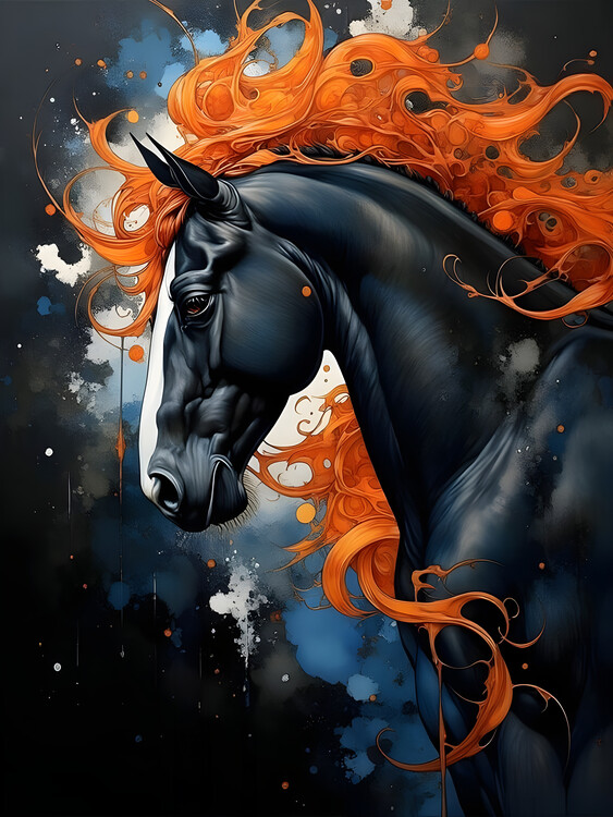 Poster black horse with an orange mane