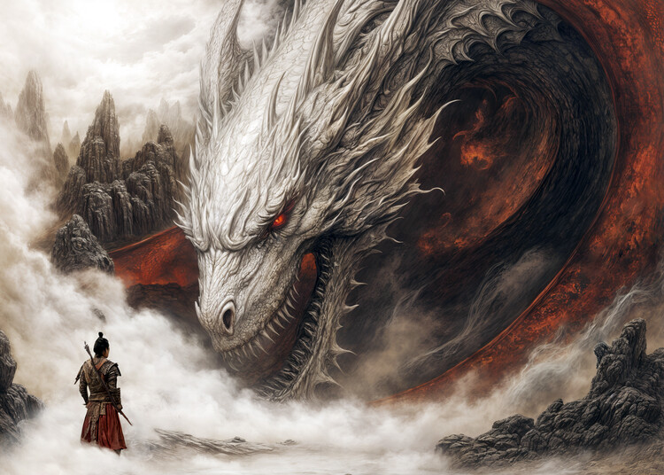 Poster Asian dragon and warrior