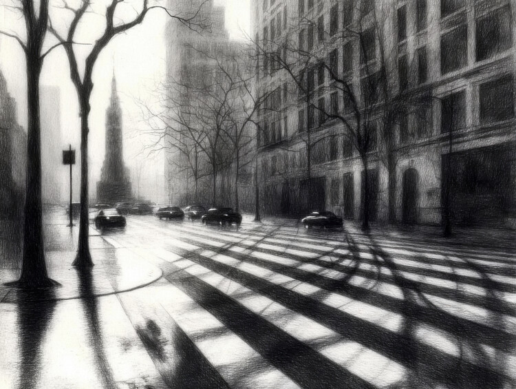 Плакат Black and White Charcoal Early morning in the City