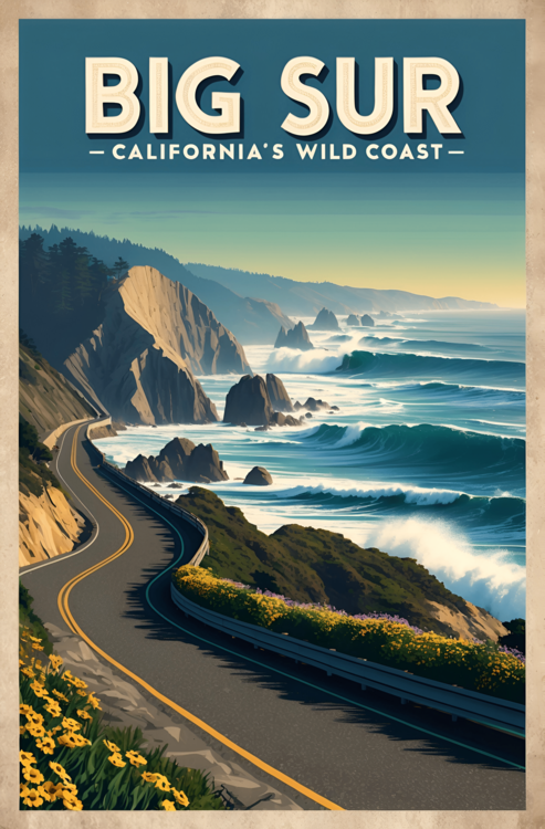 Плакат Big Sur Vintage Travel Poster – California’s Scenic Coastal