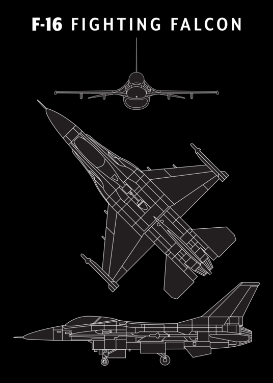 Poster Detailed blueprint of the F-16 Fighting Falcon fighter jet.