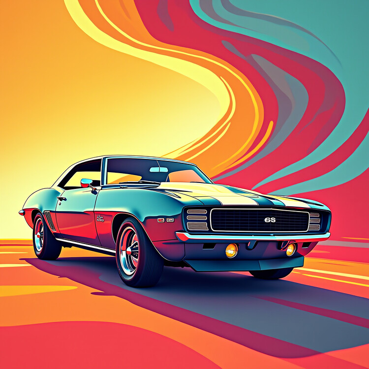 Poster Retro Muscle Car with Vibrant Sunset Backdrop