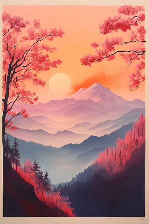 Poster Dreamy Sunrise Over Blossoming Valleys