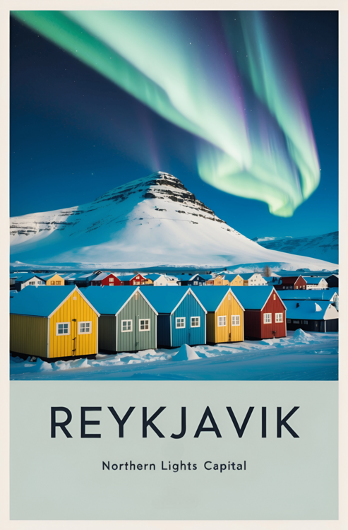 Juliste Reykjavik Vintage Travel Poster – Northern Lights Capital