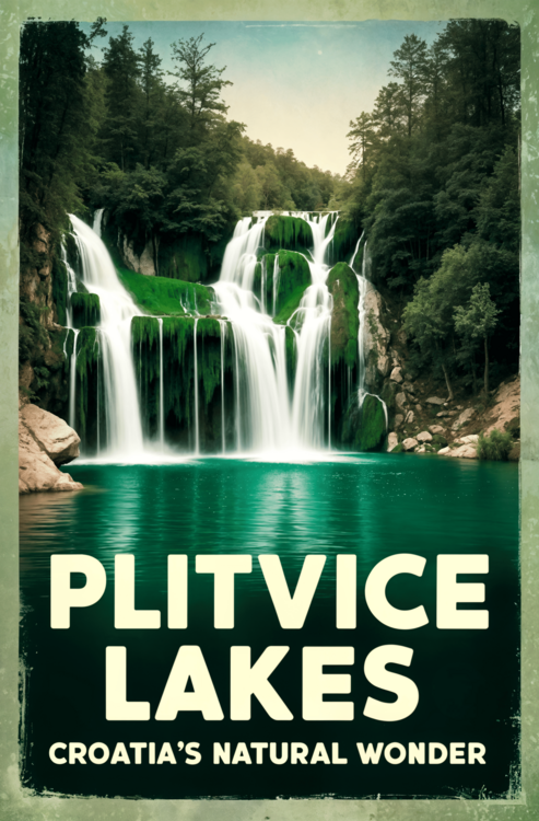 Juliste Plitvice Lakes Vintage Travel Poster – Croatia’s Natural Won