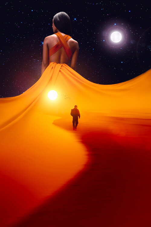 Poster Woman in dress in a lonely desert of love