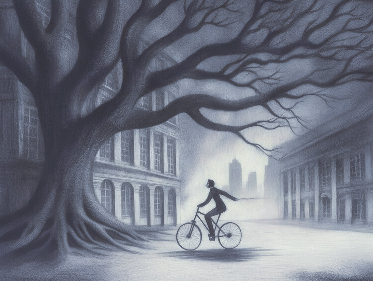 Плакат The Cyclist rides his bike in Blue