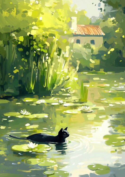 Plakat Black Cat in Water lily pond