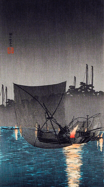 Poster Tsukuda Island, Fishing Nets at Night (1936)