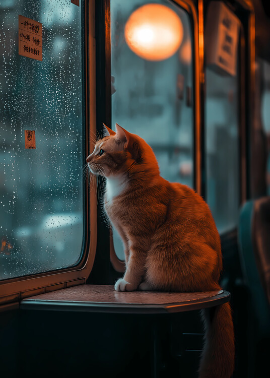 Póster A Cat's Rainy Train Ride